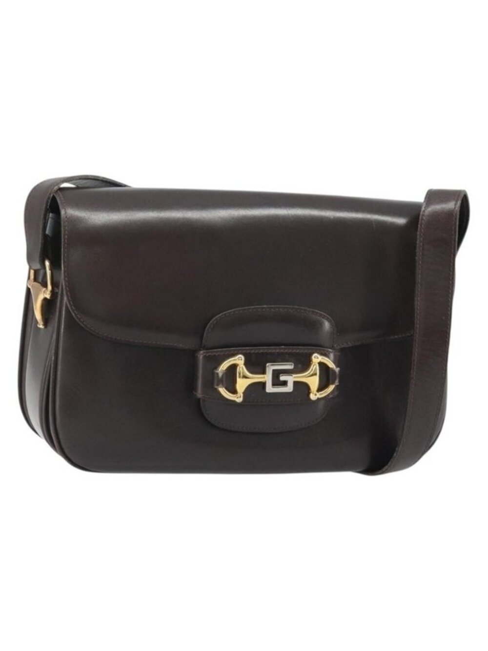 Authentic GUCCI Shoulder Bag Leather Brown Gold